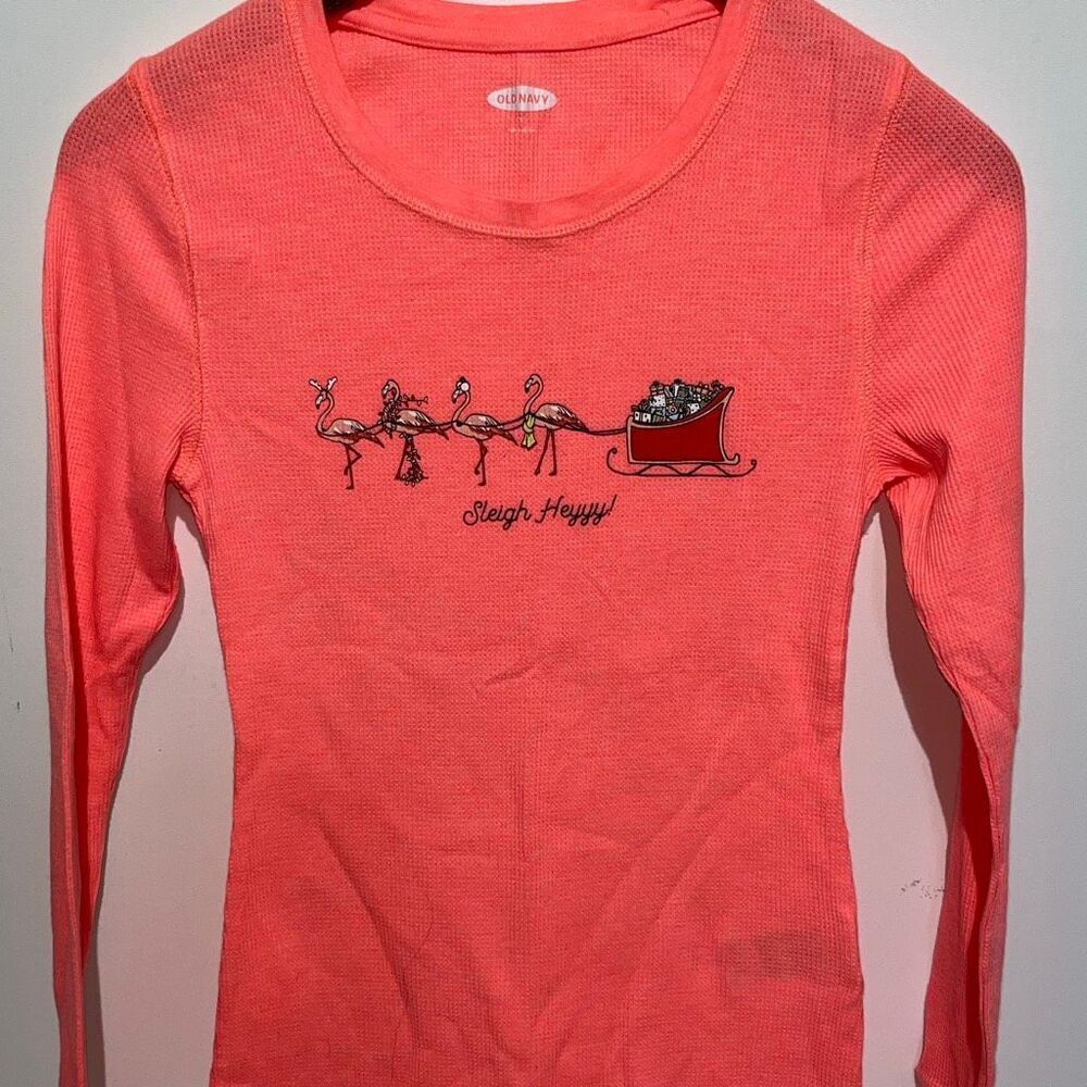 Old Navy Women's Orange Sleigh Heyyy Holiday Long Sleeve Thermal T-Shirt Small